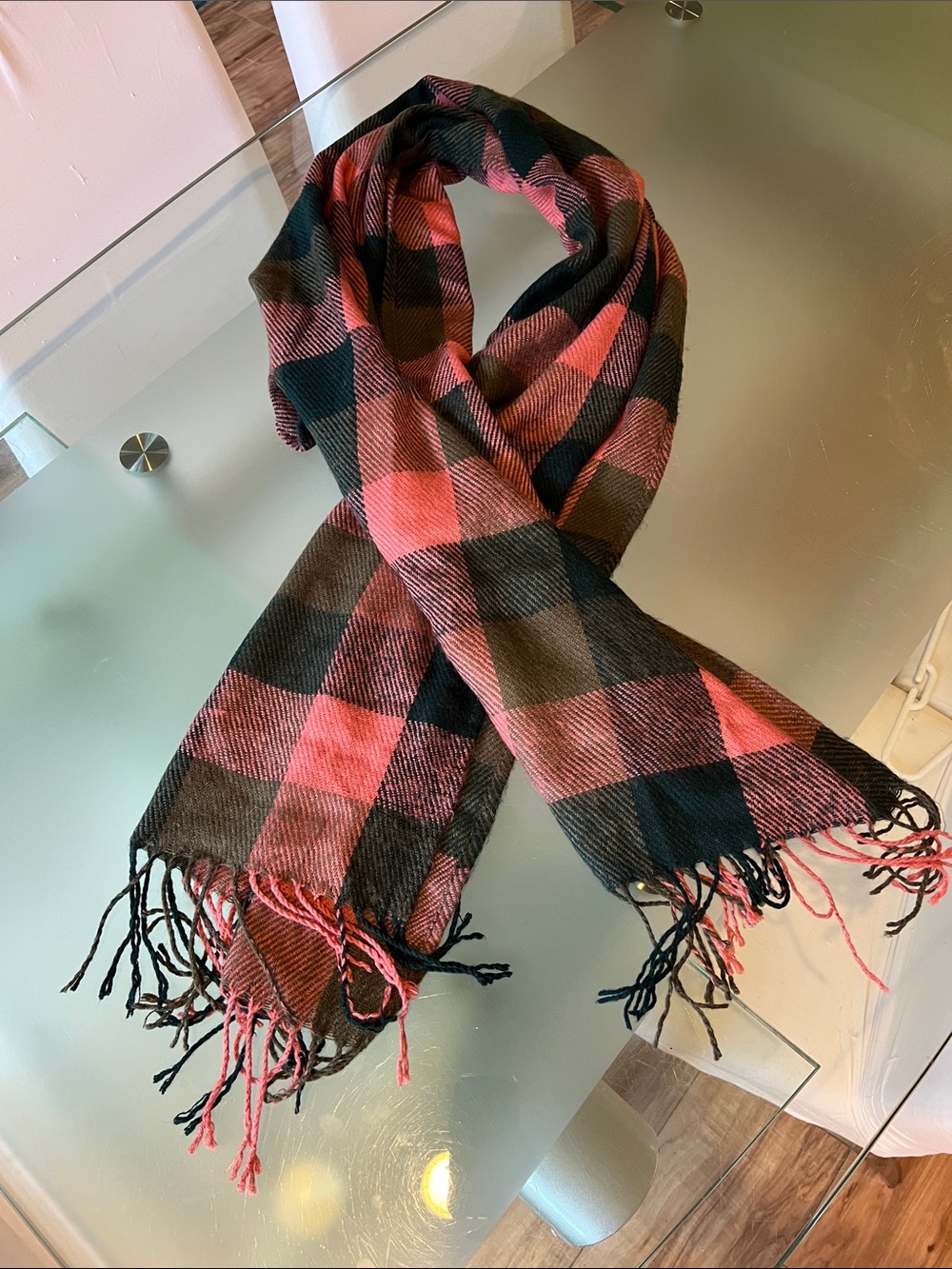 Plaid Fringe Scarf in Pink and Black - Women's Wrap